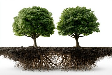 Fototapeta premium Two trees share roots, symbolizing the mind-gut connection in nature.