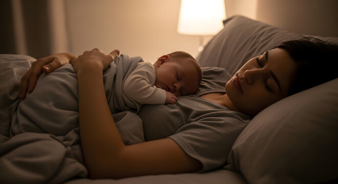 Mother and newborn baby sleeping together in bed. Woman holding her infant child on her chest in a dark bedroom illuminated by a warm lamp