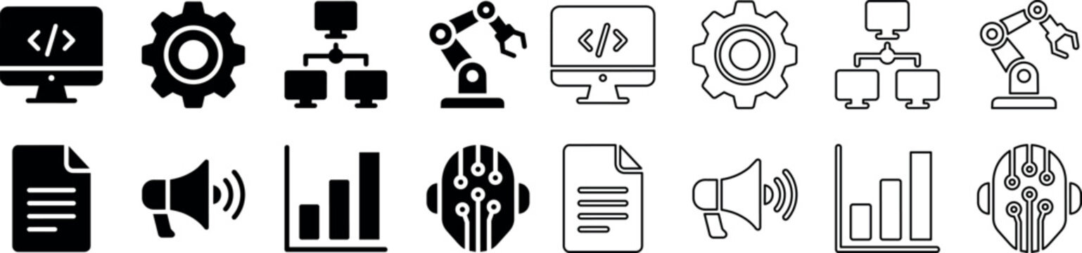 Set of technology and programming icons including computer, gear, network, robotic arm, document, megaphone, graph, and face