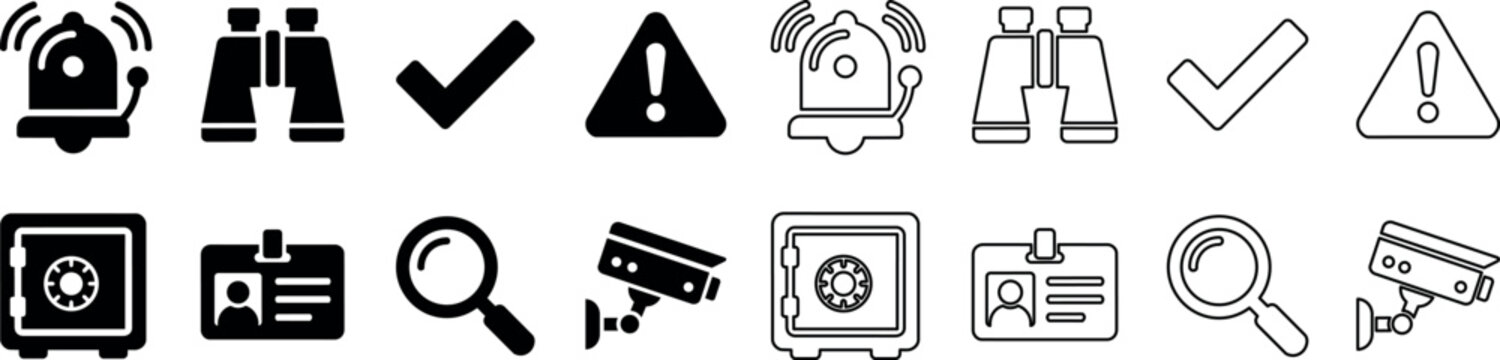Set of security and surveillance icons including alarm, binoculars, check marks, warning signs, safe, ID badge, magnifying glass, and security camera