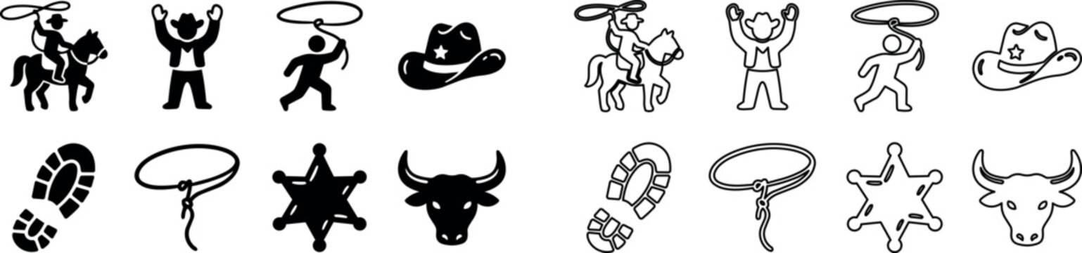 Western cowboy silhouette icons with cowboy hat, lasso, sheriff badge, bull head, and boot print
