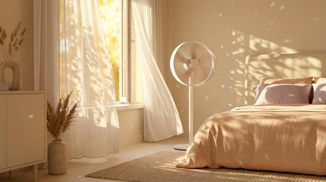 A modern white minimalist standing fan in a pastel peach and lavender bedroom, creates a cool breeze next to sheer curtains and stylish ceramic vases on a podium during a bright sunny day