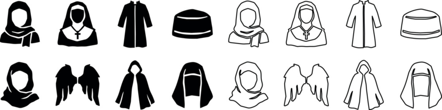 Religious and cultural costume headwear icons including nun, hijab, and robes
