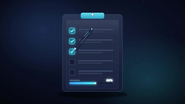 Checklist with progress bar filling to 100 percent while pencil checks off completed tasks