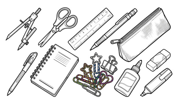 Creative Back to School Supplies Vector Set in Detailed Dual Stroke Outline Style