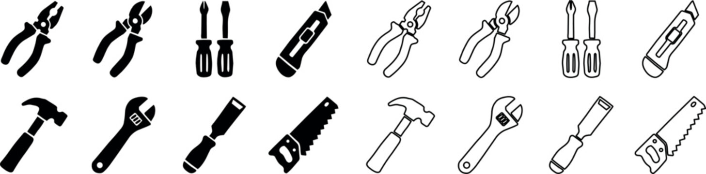 Hand tools set including pliers, screwdrivers, utility utensil, hammer, wrench, chisel, and saw in black and outline styles