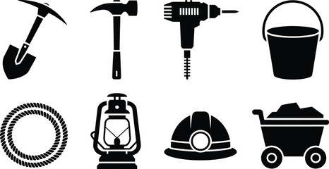 Mining equipment icons collection illustration set, generic pickaxe shovel helmet bucket and industrial tools. © Nicholas