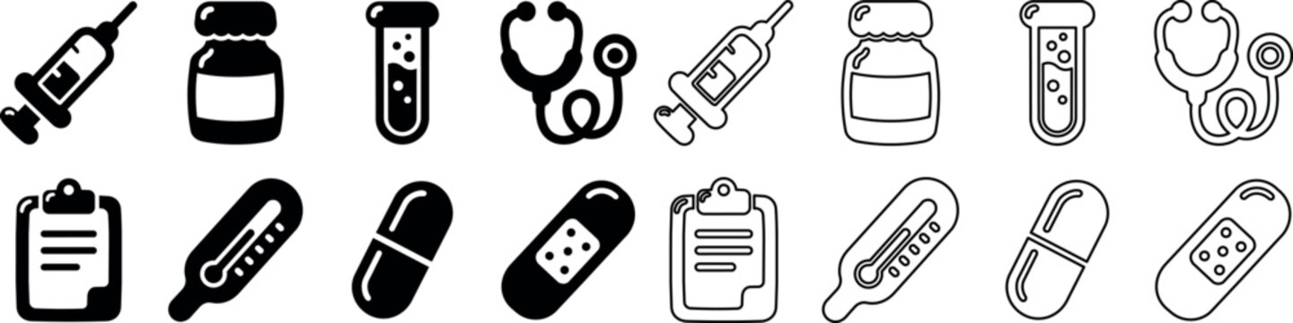 Medical icons set with syringe, medicine bottle, test tube, stethoscope, clipboard, thermometer, pill, and bandage