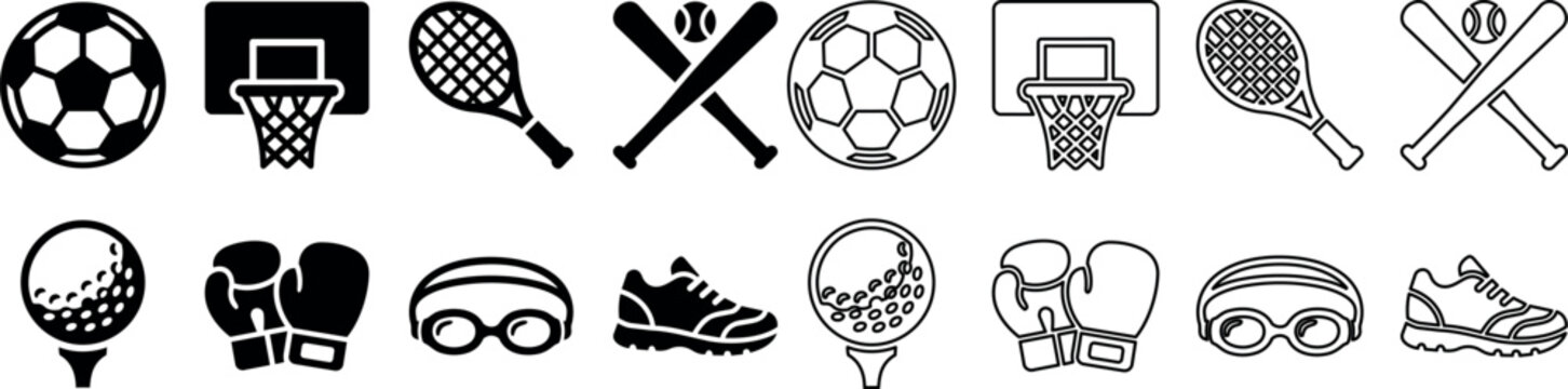Set of black and white sports icons including soccer ball, basketball hoop, tennis racket, baseball bats and ball, golf ball on tee, boxing gloves, swimming goggles, and running shoe