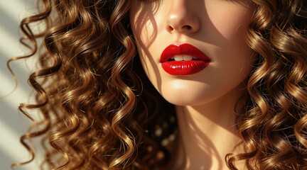 Fototapeta premium Woman with voluminous curly brown hair and bright red glossy lips. Sunlit face detail showcases makeup and skincare. Natural beauty and healthy shine captured.