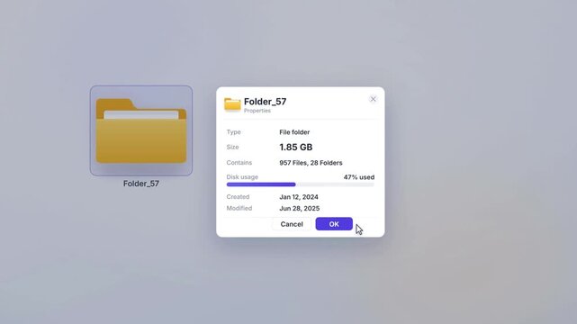 Folder properties window showing file size and disk usage details on minimal desktop interface