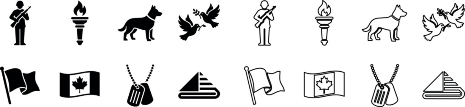 Canadian military icons with soldier, dog, dove, flag, torch, dog tags, and folded flag in solid and outline styles