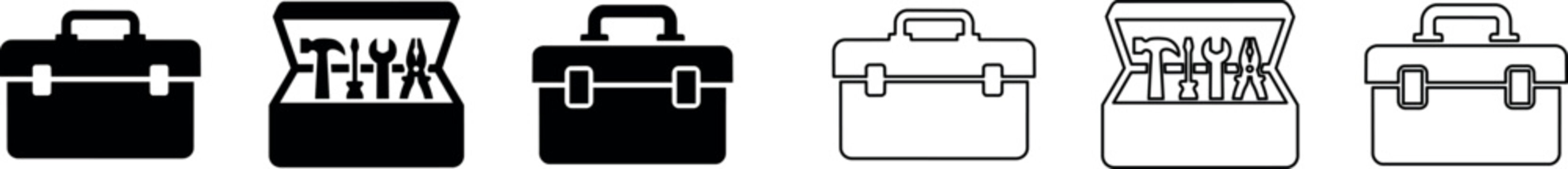 Black and white toolbox icons with tools inside and closed options