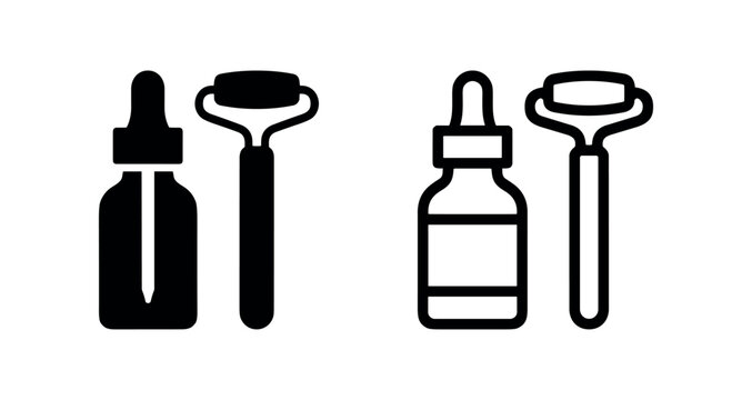 Skincare dropper bottle and face roller icon set, representing beauty, self-care, and cosmetic routine.