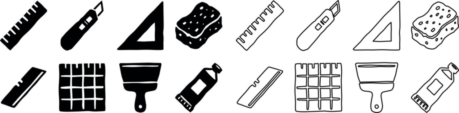 Set of drawing and painting tools including rulers, utility knives, set squares, sponges, paintbrushes, and paint tubes