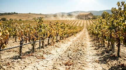 Plakat French countryside vineyard rows curl in dry soil beneath a blazing midday sun, with heat haze, yellowed leaves, irrigation pipes, and a cracked clay path emphasizing an unprecedented summer