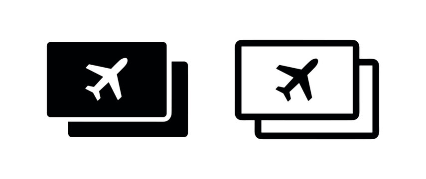 Airplane ticket icon set. Travel booking and flight reservation symbols for tourism and holiday planning.