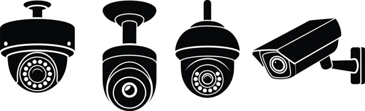 Security camera silhouette icons illustration set, generic dome and bullet surveillance devices isolated on white background.