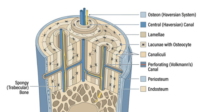 Detailed cross-sectional diagram of a bone structure with labeled components including osteon, central canal, and periosteum on a white background.