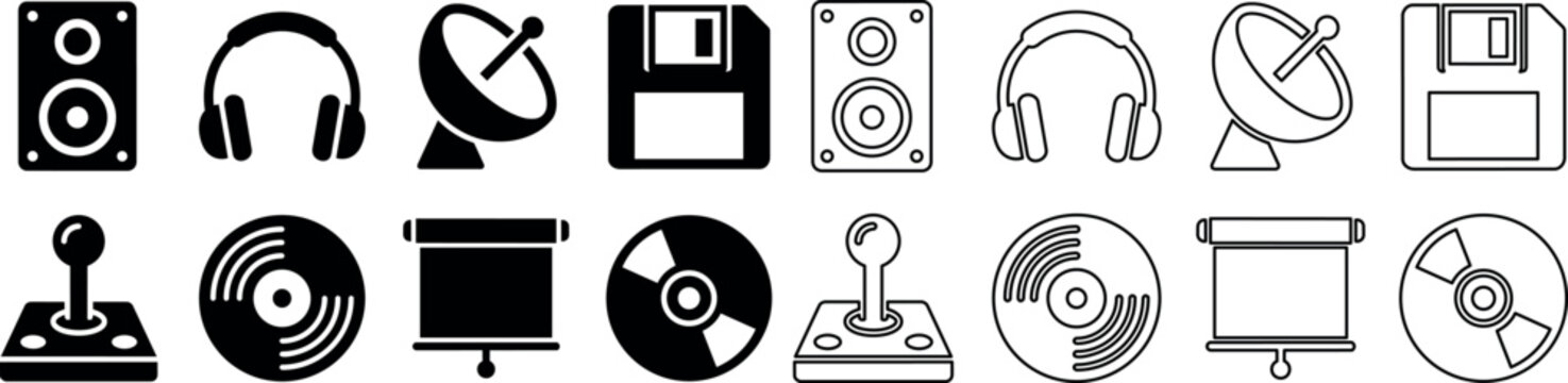 Set of black and white technology and media icons including speaker, headphones, satellite dish, floppy disk, joystick, vinyl record, and projector screen