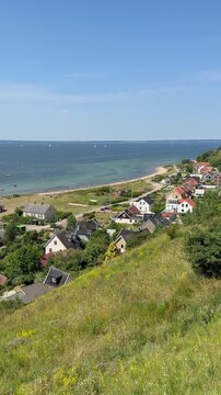 Panoramic view of Kyrkbacken harbor on the Swedish island Ven located in the strait of Oresund.
