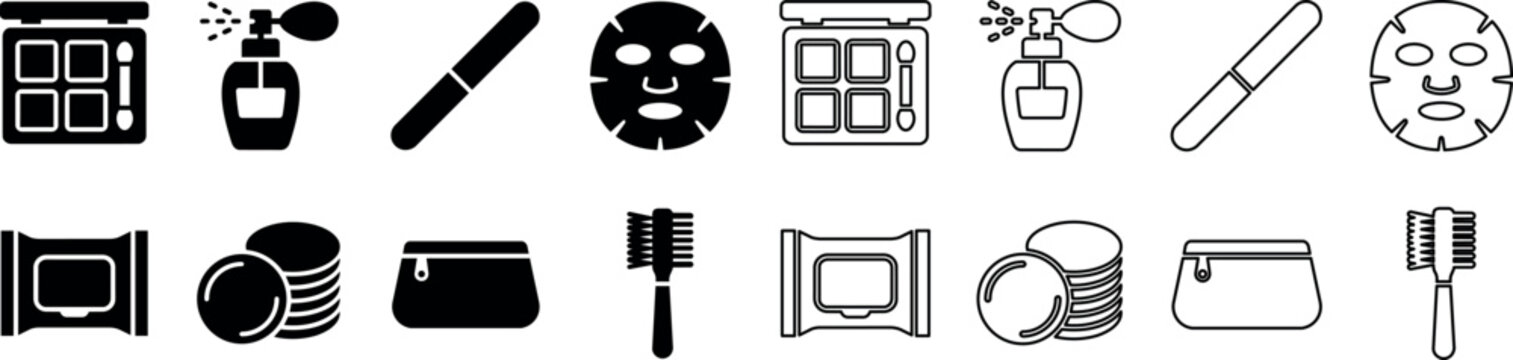 Makeup and skincare icons including eyeshadow palette, perfume atomizer, cuticle pusher, facial mask, makeup remover wipes, cotton pads, cosmetic bag, and mascara brush