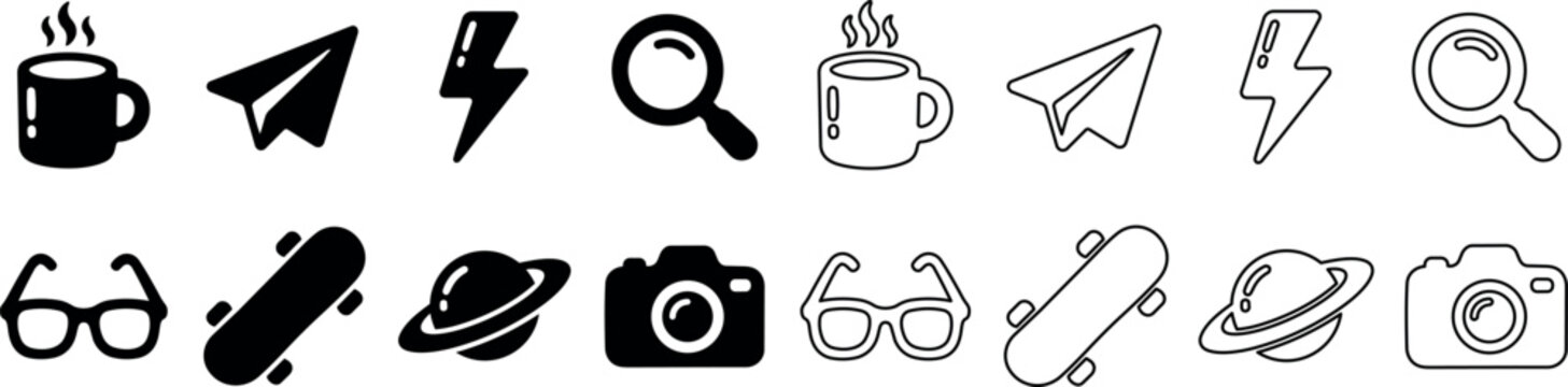 Set of black and outline icons including hot beverage, paper plane, lightning bolt, magnifying glass, glasses, skateboard, planet with rings, and camera