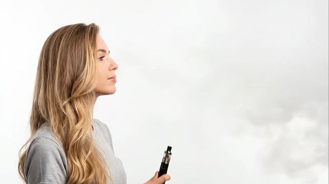 Young blonde woman exhaling a thick cloud of vapor from an electronic cigarette against a white background