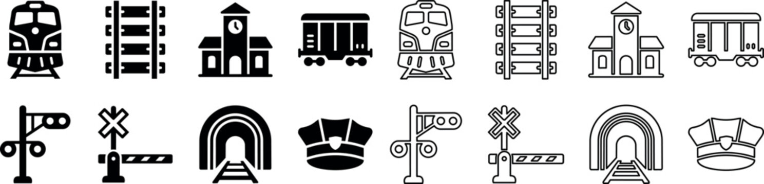 Railway transportation icons with train, tracks, station, signal, tunnel, and conductor hat