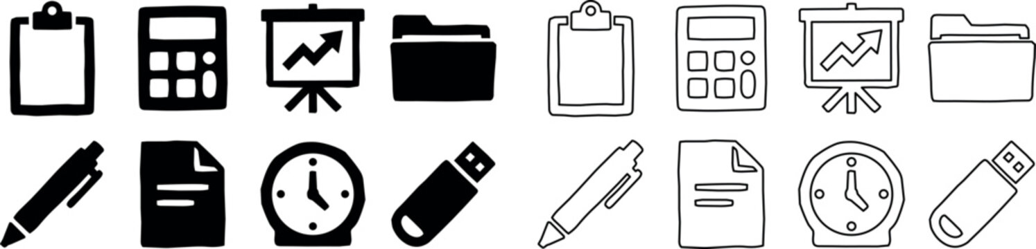 Set of office supply icons including clipboard, calculator, presentation board, folder, pen, document, clock, and USB drive