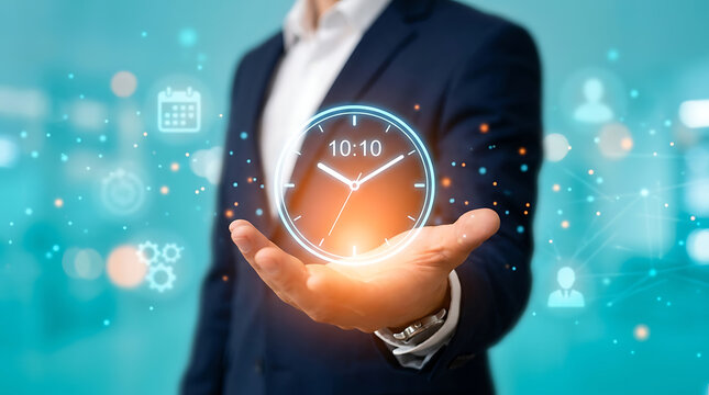 Businessman holding holographic clock showing time and digital icons
