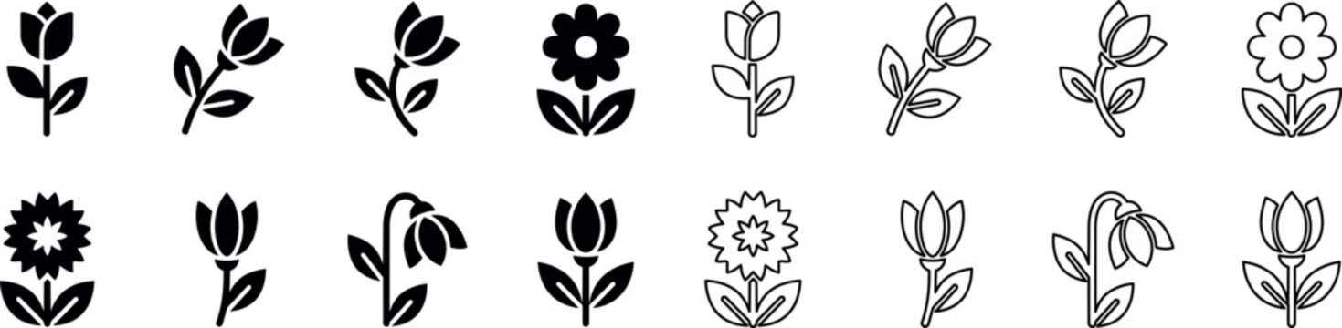 Set of floral icons featuring tulips, daisy flowers, and snowdrop blossoms
