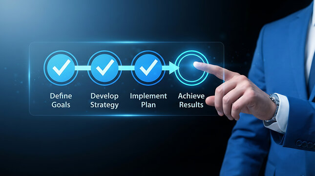 Businessman interacting with digital success process flowchart for achieving results