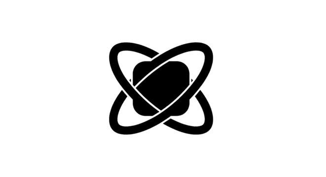 Minimal black silhouette icon, simple flat vector, bold black shape, no gradients, no shading abstract atom icon with orbiting electrons and central nucleus on a, flat icon style