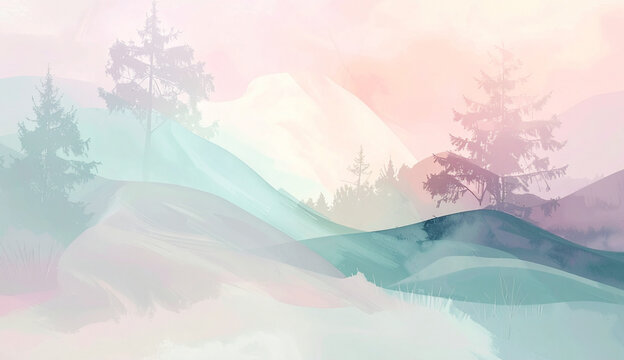 Abstract Watercolor Mountain Landscape with Pine Forest Trees in Pastel Colors