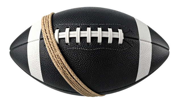 Black and white American football with rope wrapped around it isolated on a white background