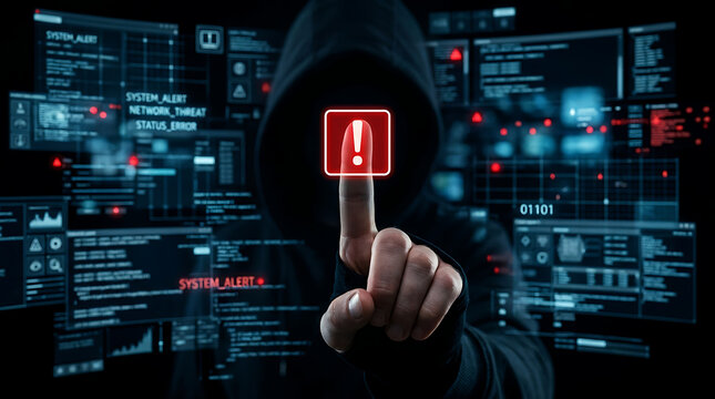 Hacker in hoodie pressing warning button on futuristic interface screen