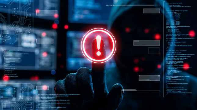 Hacker hand pressing warning sign on futuristic computer screen with code and circuitry