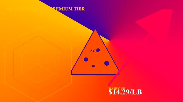 Grocery price rises are illustrated by a progression of increasing costs for artisan cheese displayed on a vibrant animated background with geometric patterns and arrows