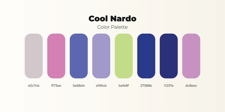 Cool Nardo color palette with 8 swatches, professional color scheme for graphic design, modern pastel and navy blue color guide with hex codes