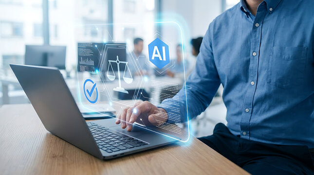 Man working on laptop with artificial intelligence interface in office