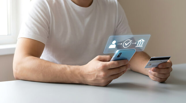 Online banking and digital transaction concept with person holding a smartphone and credit card