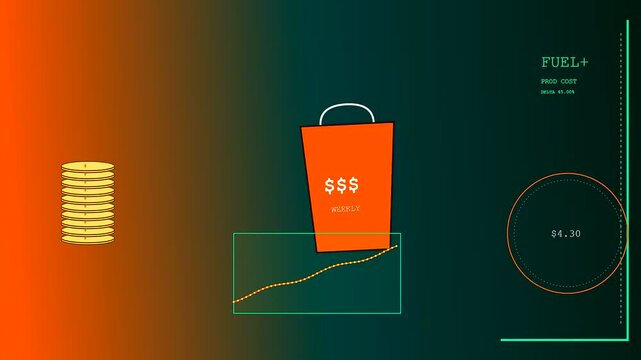 Grocery price rises are illustrated through this motion graphic showing increasing piles of currency and rising cost charts alongside a paper shopping bag on screen