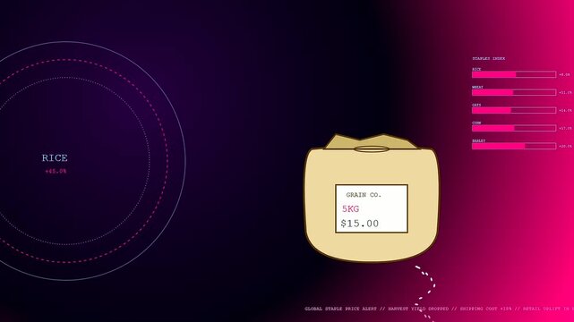 Grocery price rises are visualized through an animated digital bag of rice showing fluctuating market values and rising inflation metrics on a dark purple background