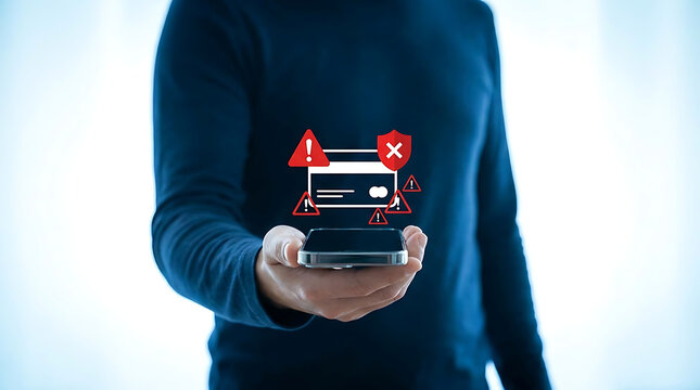 person holding smartphone with credit card warning signs floating above