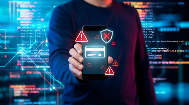 Person holding smartphone showing fraud warning and security alerts