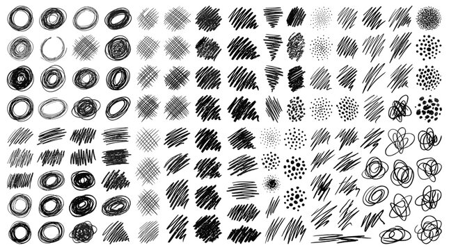 Charcoal pencil scribble texture vector set hand drawn scratch line crosshatch dot circle scribble mark sketch grunge rough doodle pattern collection
