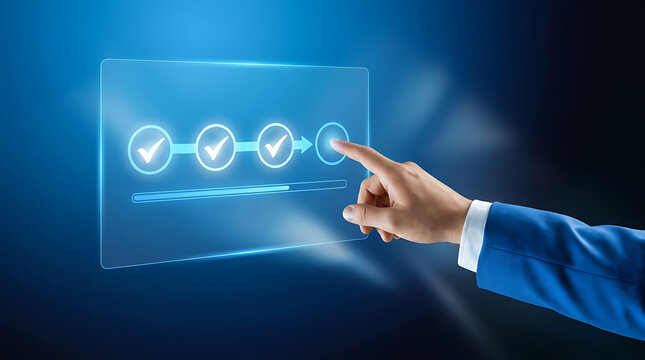 Person Using Digital Interface Showing Progress Steps With Checkmarks