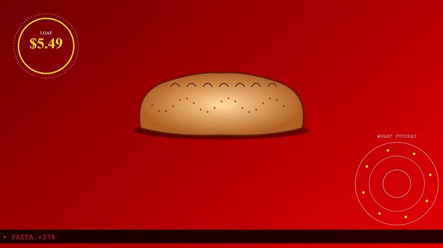 Digital grocery price rises displayed in a stylized minimalist layout featuring loaf icons with price tags and rising data metrics against a deep red background
