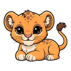 Fototapeta premium Cute cartoon lion cub sitting with a cheerful expression isolated on transparent background